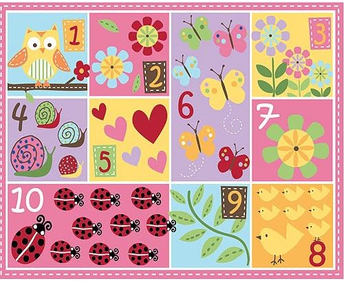 3'4" X 4'2" Kids Multi Color Patchwork Teach Me Numbers Area Rug, Indoor Butterfly Heart Owl Bird Lady Bug Snail Flowers Leaf Shapes Bedroom Reading Room Carpet, Pink Red Yellow Green, Nylon