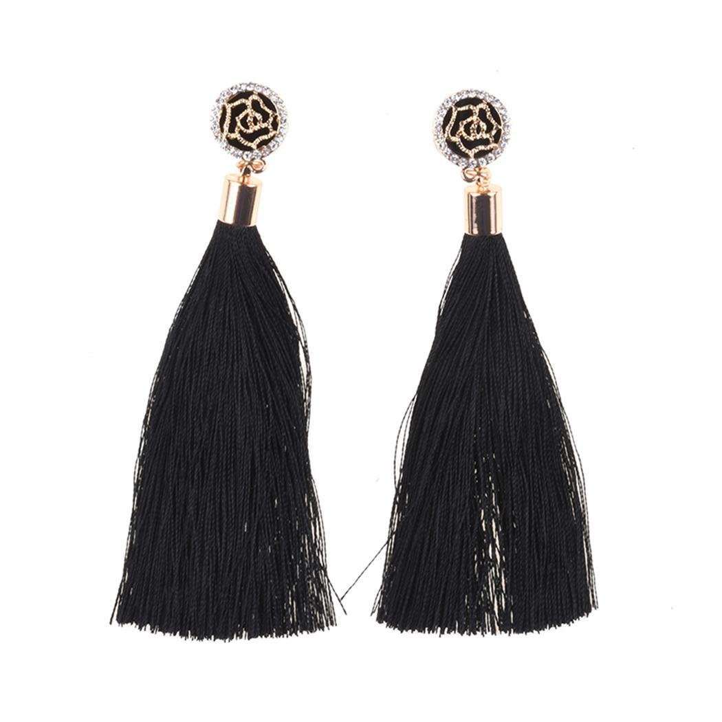 Xixou Tassel Earrings Dangle Style Trendy 3 Colors - Long Tassel Earrings Silk Crystal Dangle Drop Boho Earrings for Women Jewelry (Black)