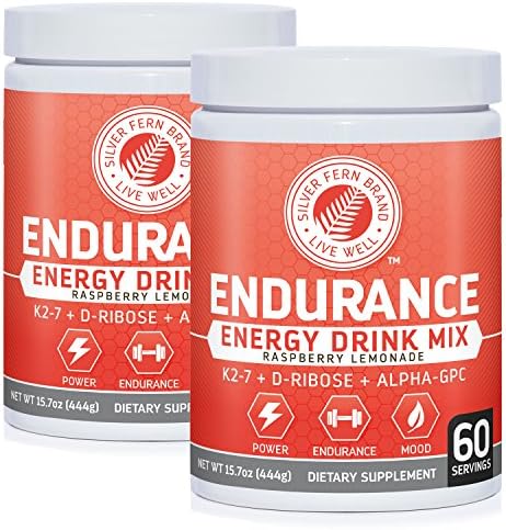 Silver Fern Brand Endurance - Pre Workout Energy Drink Mix Supplement Powder - Raspberry Lemonade - 2 Tubs = 120 Svgs - Boost Power, Energy & Mood - with D-Ribose, Alpha-GPC, Vitamin K2-7 & More