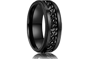 LAOYOU Anxiety Relief Mens Spinner Ring | 8mm Stainless Steel Black Fidget Anxiety Ring Inlay Curb Chain Jewelry Gift Size 6-14