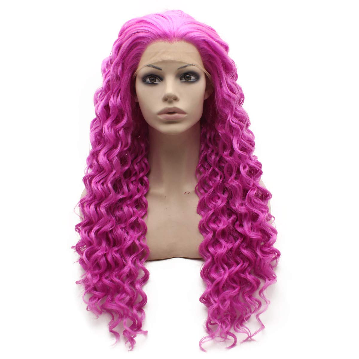 Long Curly Rose Red Heat Resistant Fiber Hair Natural Synthetic Lace Front Wig