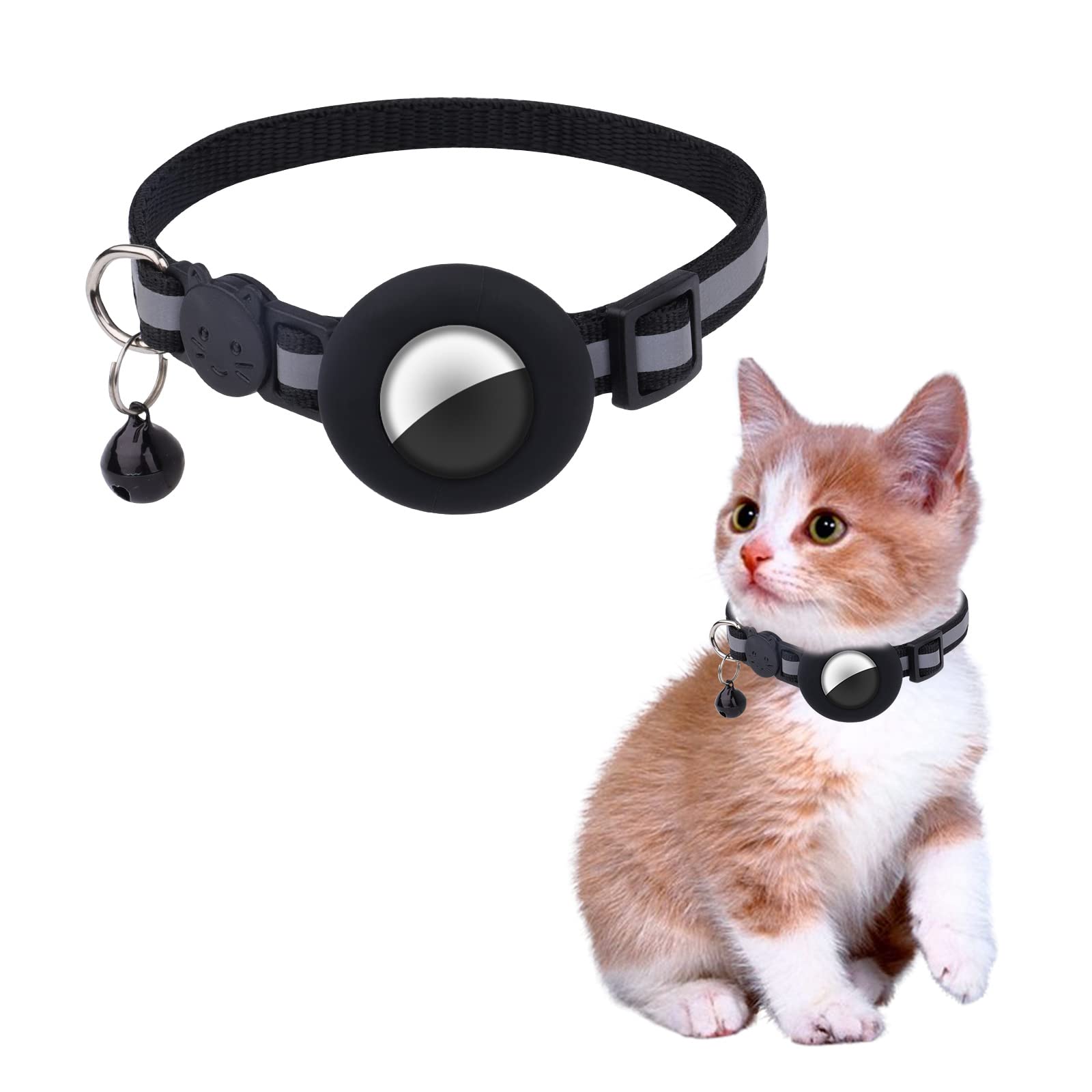 TOYMIS 1pc Airtag Cat Collar with Safety Breakaway Buckle and Bell, Waterproof Airtag Collars Reflective Cat Collar Anti Lost for Cats Dogs Puppy (Black)