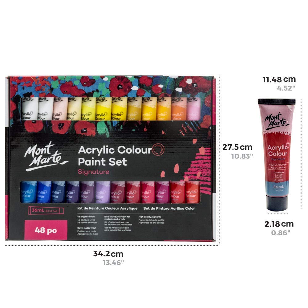 Mont Marte Signature Acrylic Paint Set, 48 Colors x 36 ml, Semi-Matte Finish, Suitable for Canvas, Wood, MDF, Leather, Air-dried Clay, Plaster, Cardboard, Paper and Crafts