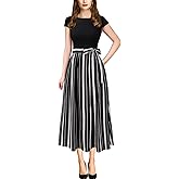 VFSHOW Womens Elegant Patchwork Pockets Belted Pleated Work Office Business Casual Party A-Line Midi Dress