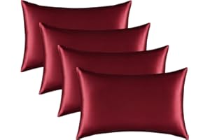 JUWENIN HOME Satin Silk Pillowcase for Hair and Skin, Black Pillow Cases Standard Size Set of 4 Pack Super Soft Pillow Case with Zipper Closure (Burgundy, Queen(4 Pack))