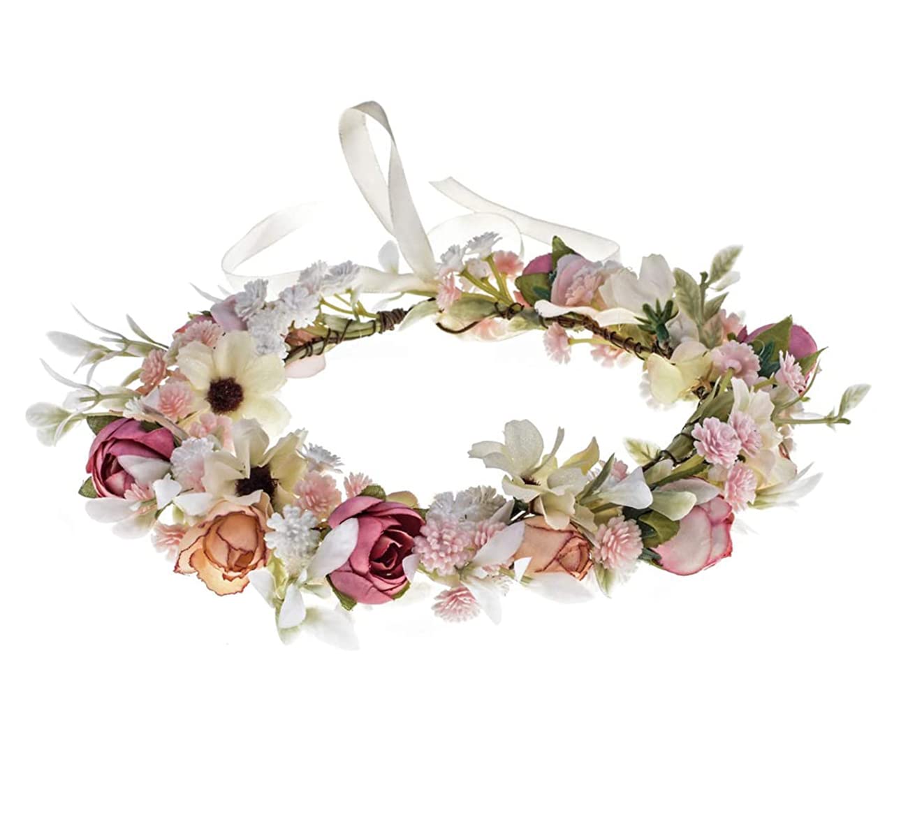 Merroyal Green Flower Crown Eucalyptus Crown Leaf Floral Crown Boho Wedding (Green Leaf Pink Flower)