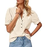 Cicy Bell Womens Puff Short Sleeve Blouses Summer Casual Half Button Down Collared Shirts Cotton Loose Fit Work Tops