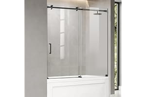 PHMUNY 56-60" W x 62" H Frameless Sliding Tub Door, Sliding Shower Door with Seal Strip Bypass Bathtub Door with 5/16"(8mm) Clear Tempered Glass, Single Smooth Sliding Glass Door in Matte Black Finish
