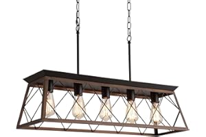 Q&S Farmhouse Rustic Chandelier Light Fixtures Bronze 5 Lights Linear Rectangular Chandelier Pendant Light Fixtures for Dining Room Kitchen Island Pool Bar Office Living Room Entryway UL Listed