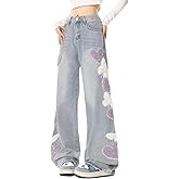 Lafaguw Cute Jeans for Women Girls Star Patchwork Pants High Waisted Straight Leg Jean Casual Preppy Clothes