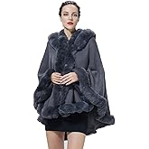 SUFCOMOU Poncho Hooded Shawl Wrap Women Cape Winter Faux Fur Trim Coat Sleeveless Cardigan Dressy Cloak for Party