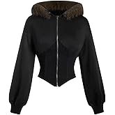 MakeMeChic Women's Cropped Zip Up Hoodie Faux Fur Coat Y2K Long Sleeve Furry Jacket Outerwear