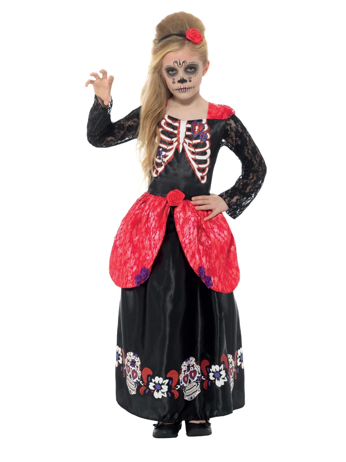 Smiffys Deluxe Day of the Dead Girl Costume, Black with Dress & Headband, Halloween Child Fancy Dress, Child Dress Up Costumes