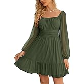 Wenrine Women's Mesh Long Sleeve Square Neck Dress High Waist A Line Ruffle Hem Flowy Casual Party Mini Dress