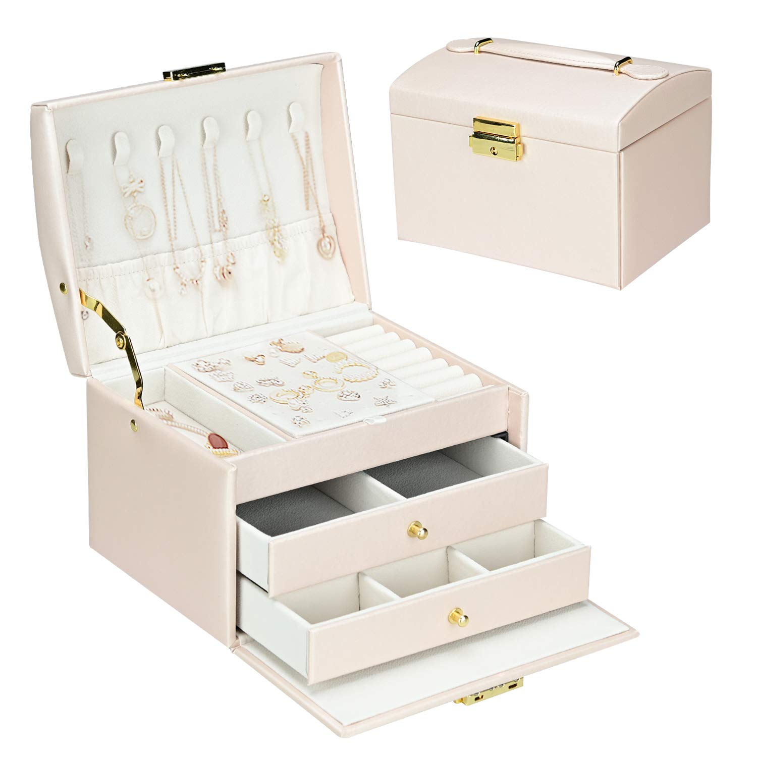 Podazz Women's Jewelry Box Leather Jewelry Organizer Travel Jewellry Box with Mirror Earring Necklace,Ring Display Valentine's Day Mother's Day Birthday Gift for Wife Mother Girl Friend (Pink)