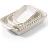 Kook Ceramic Baking Dish Set of 3, Rimmed Stoneware, Oven Safe, White | Casserole &amp; Lasagna Dishes, 0.63/1.5/4 Qt, Microwave &amp; Dishwasher Safe, Freezer Safe, Small Medium &amp; Large, 400&deg;F