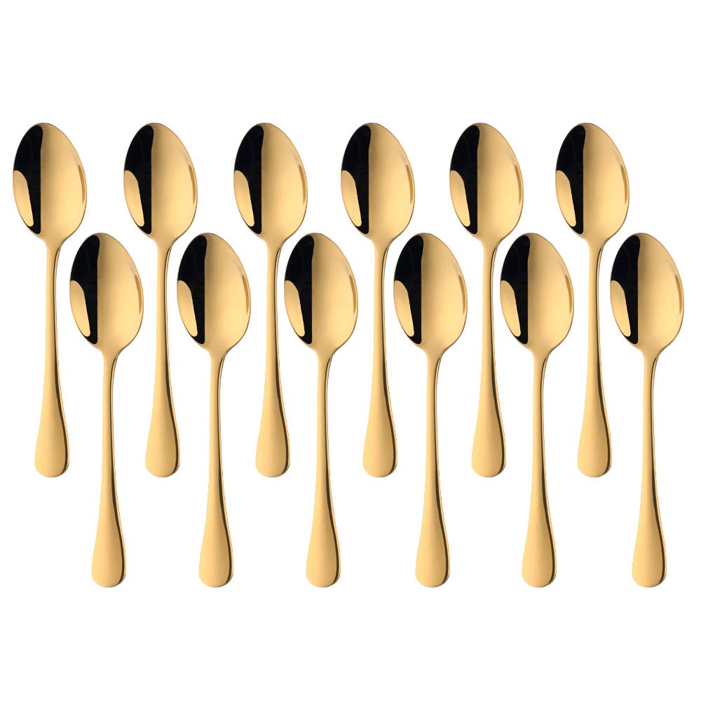 SUNSENGEUR Dessert Spoons, 18/0 Stainless Steel, Oxford European Style 7.3 inches-Pack of 12, Gold