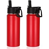 Volhoply 18oz Insulated Water Bottle Bulk 2 Pack,Kids Stainless Steel Water Bottles with Straw,Wide Mouth Reusable Metal Water Bottle,Double Wall Vacuum Sport Flask For Cold Drink(Red,2 Set)