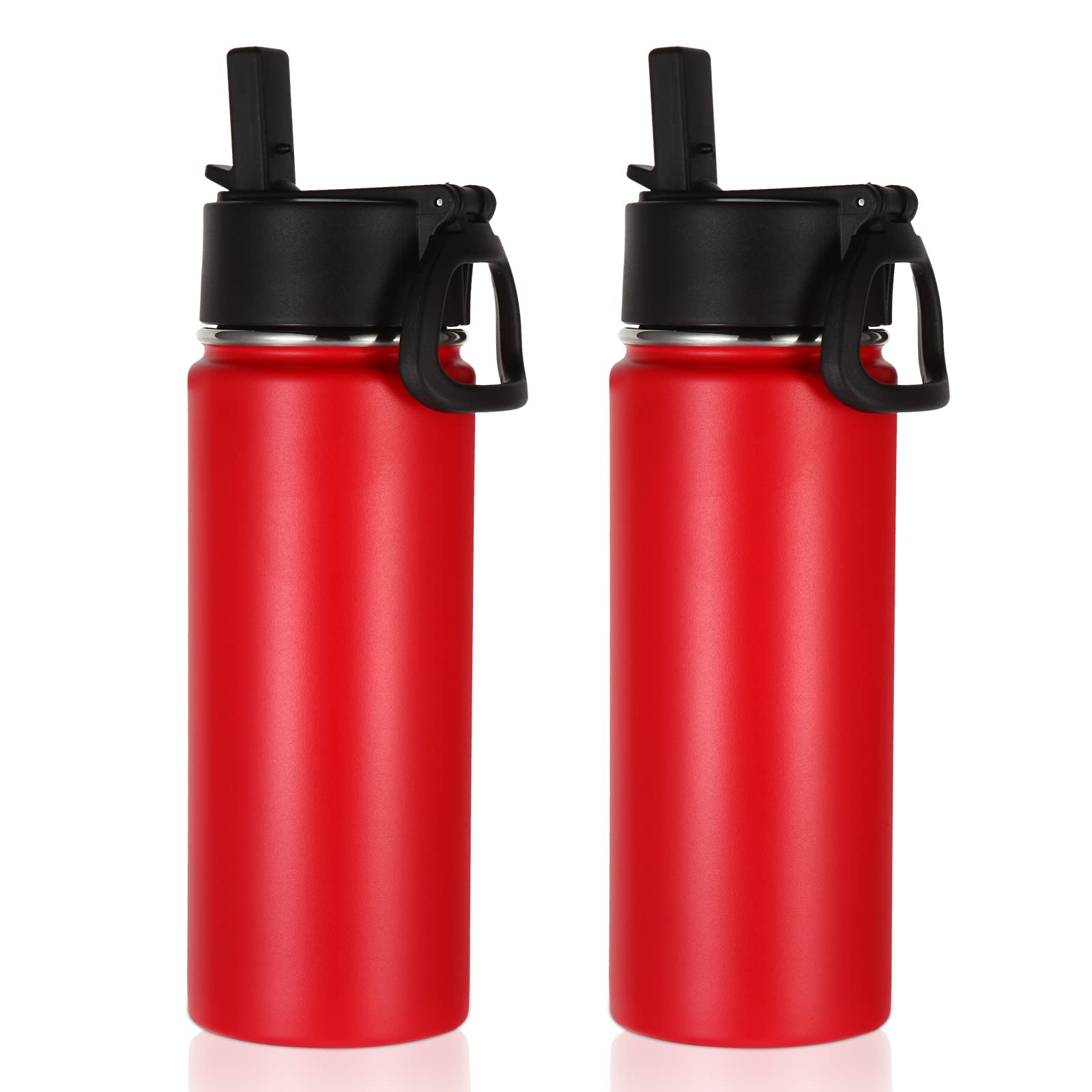 Volhoply 18oz Insulated Water Bottle 2 Pack, Multipack Kids Stainless Steel Water Bottles with Straw Lid, Double Wall Vacuum Metal Bottle (Red,2 Pack)