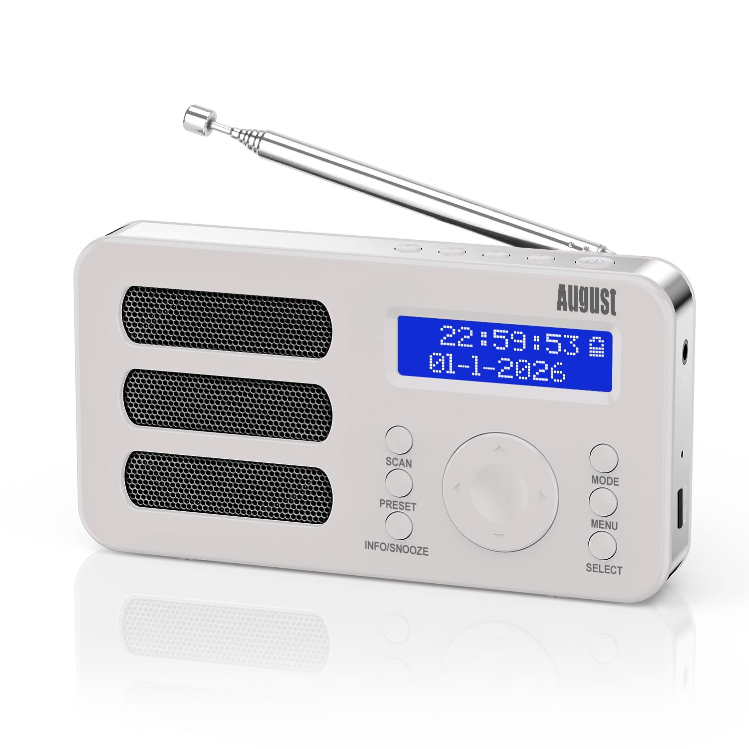 August MB225W Portable DAB/DAB+/FM Digital Radios – Rechargeable Small Radio with 40 Station Presets, RDS, Dual Alarm Clock with Snooze and Sleep Timer, 4 One-Touch Preset Buttons, Aux Out – White