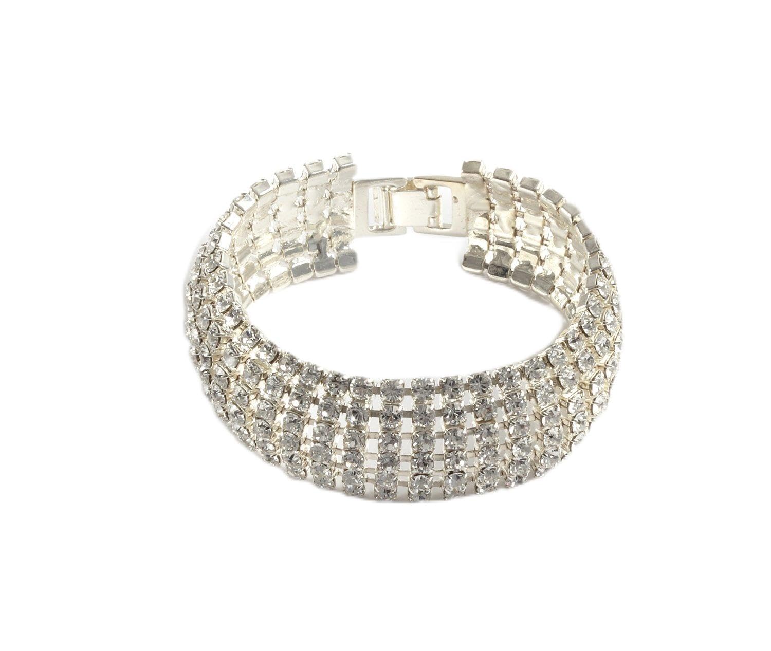 LJ Designs Swarovski Bracelet - Women's Silver Plated Curved Diamante Bracelet Made from Swarovski Crystals - 205mm - Presented in a Giftbox
