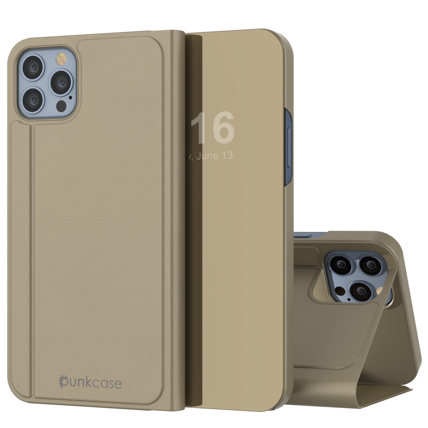 Punkcase for iPhone 13 Pro Max Reflector Case Protective Flip Cover W/Scratch Resistant Semi-Translucent Mirror Front & Non-Slip PU Leather Back for iPhone 13 Pro Max (6.7") (2021) (Gold)