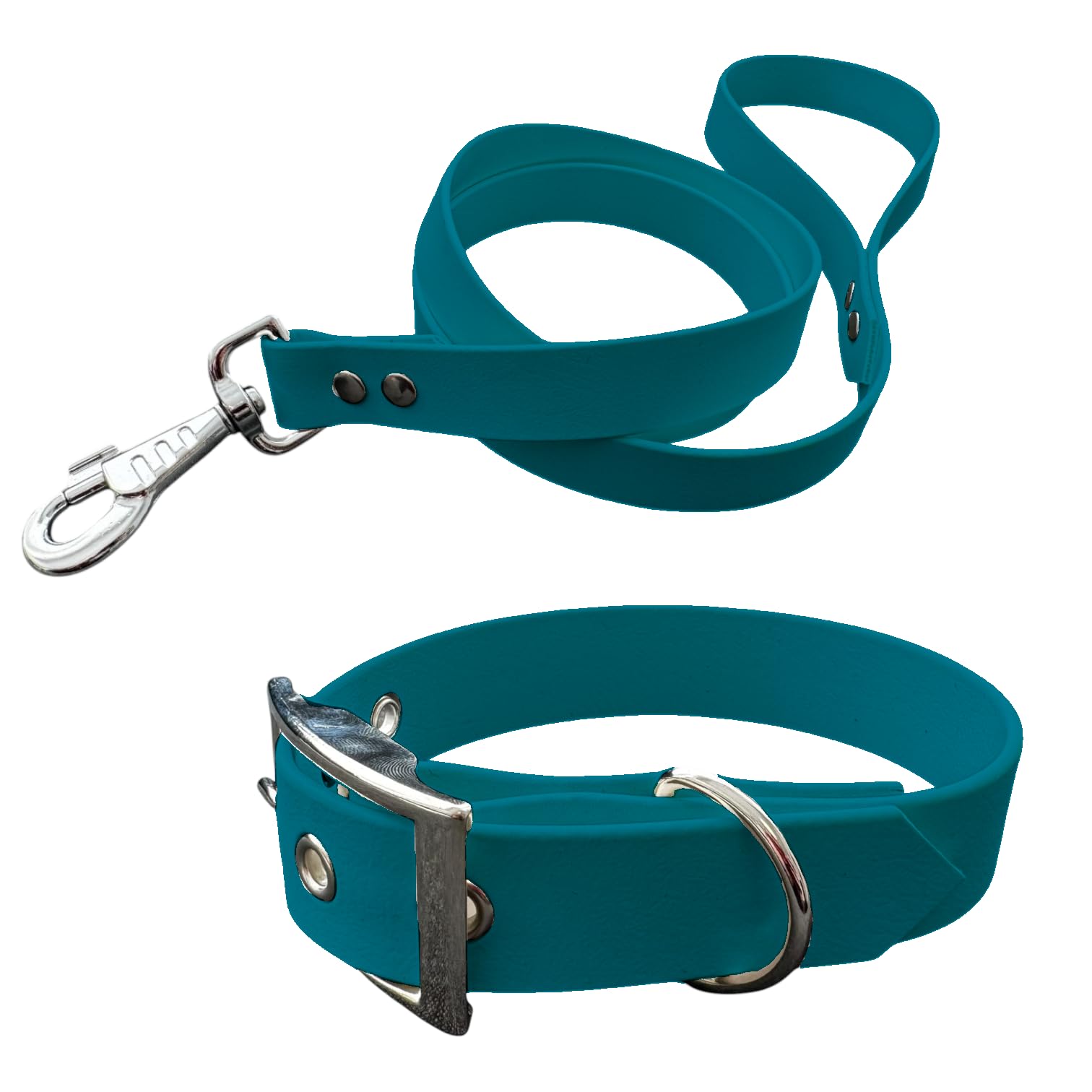 L'Atelier du Fourmilier Dog Collar and Leash in BioThane material, Medium Width (45-55 cm, Petrol)
