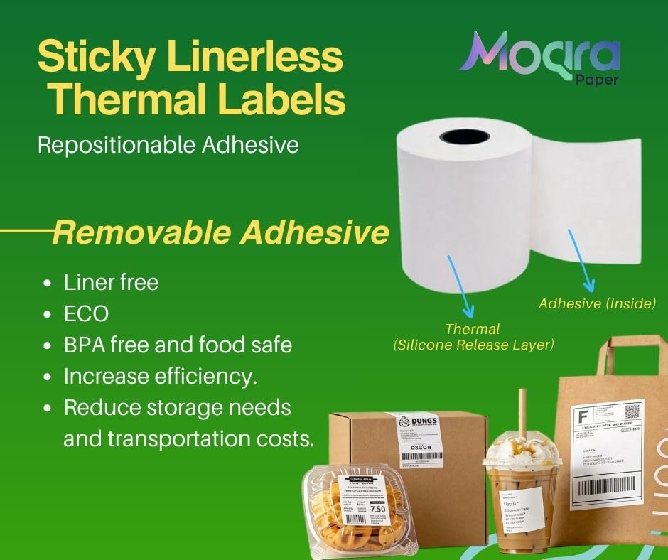 Condition photo showing New/Like New for moqra sticky thermal receipt paper rolls (58mm) 2 1/4" x 170'- 6 rolls removable label compatible wi