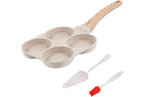 Kuci 4-Cup Egg Frying Pan Nonstick with Spatula & Brush - Marble Coated Aluminum Skillet for Eggs, Pancakes, Bacon (White, 4 