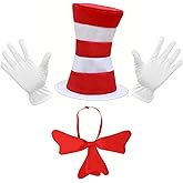 GJD Costume Hat Accessories Kit, Red and White Striped Hat, Gloves, Bow Tie Cosplay Costume, Party Supplies, Halloween Props