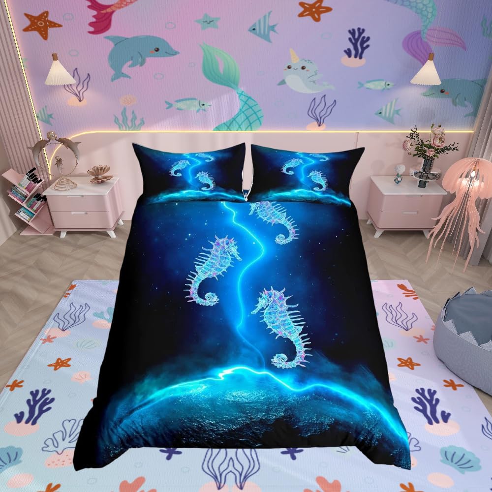 Loussiesd Seahorse Duvet Cover Ocean Creature Bedding Set Sea Underwater World Comforter Cover for Boys Girls Teens Galaxy Bedroom Decor Marine Sealife Bedspread Cover Single Size With 1 Pillow Case — image 1