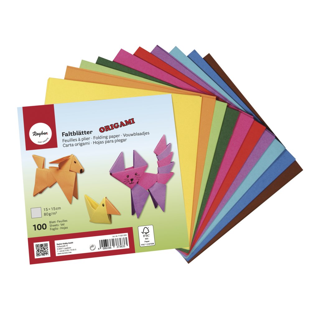 Rayher 71831000 Origami Paper, Origami Folding Paper Pack, 100 Sheets and 10 Assorted Colours, 15x15cm