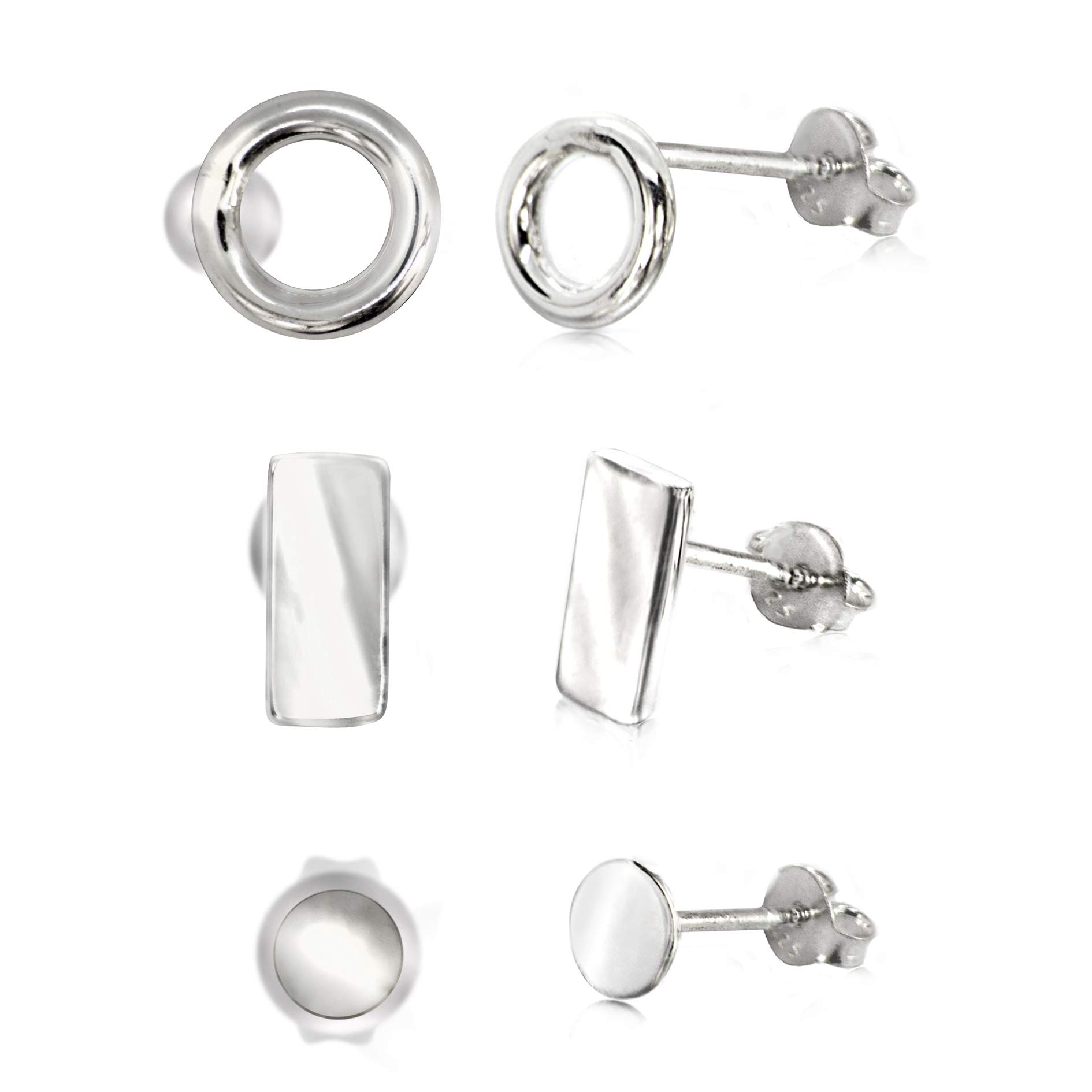 3 Pairs 925 Sterling Silver Dainty Studs, Circle, Stripe and Disc Shape, Mix and Match Pierced Ears