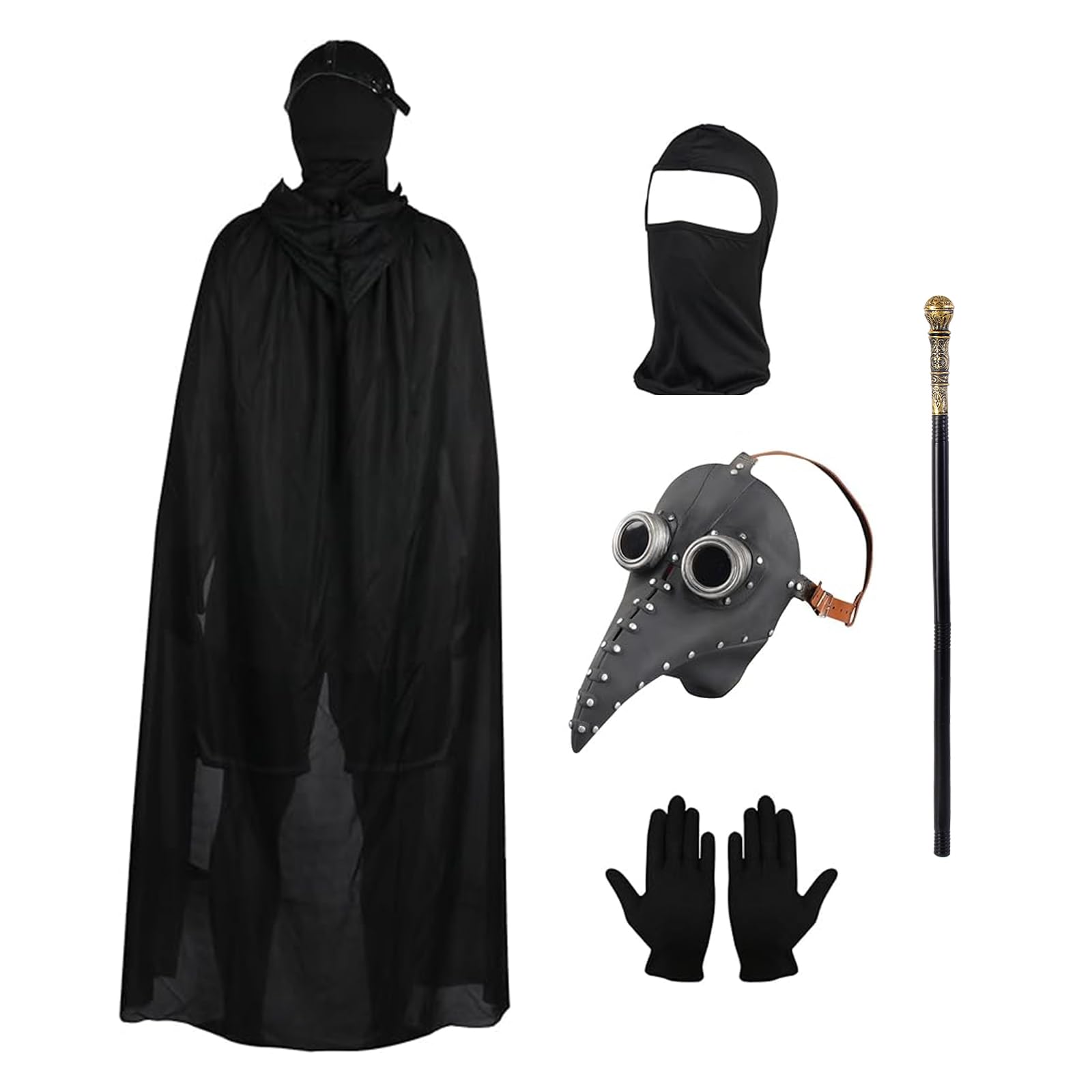 Lifreer Plague Doctor Costume Set, Plague Bird Doctor Mask Long Nose Bird Beak Steampunk Masks with Black Gloves, Hooded Cloak, Full Face Mask, Cane for Adults