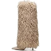 XBKXMK Fur Knee High Boots for Women Pointed Toe Stiletto Heel Fold Over Tall Boots Fashion Wide Calf Long Booties