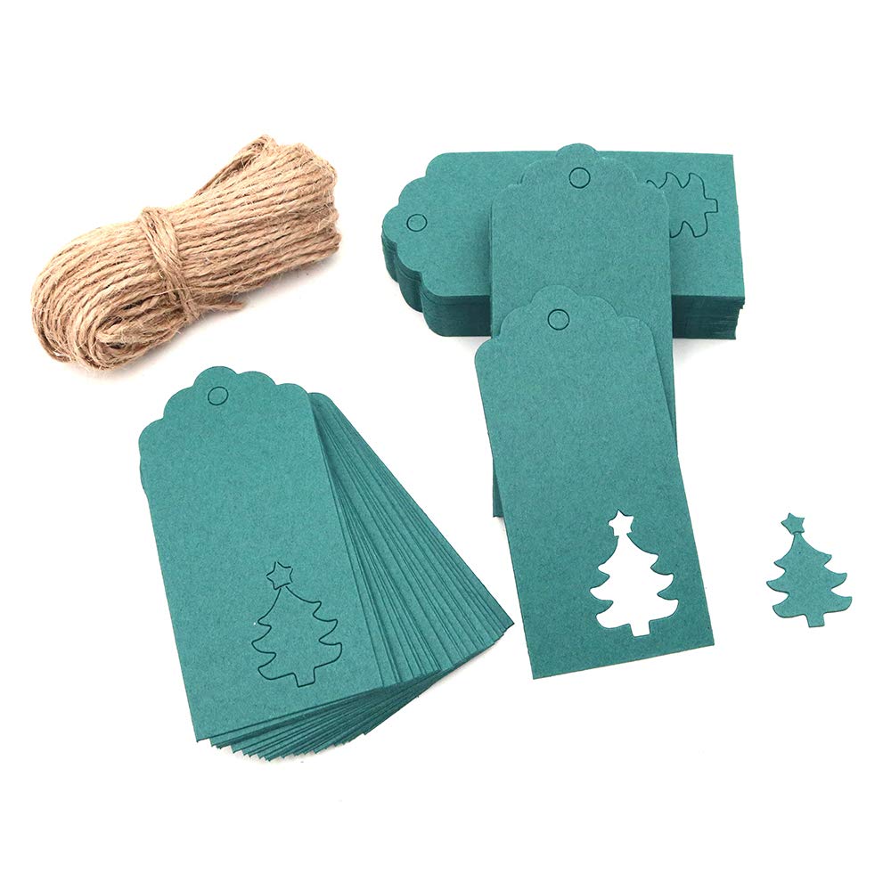 Shiwaki 100 PCS 3.7"x1.8" Green Christmas Tree Hollow Tags, with Hollow Tree,Rectangle Kraft Paper Hang Tags Labels Wth 65ft Jute Twine Ideal For Crafts Christmas Tags, Price Labels
