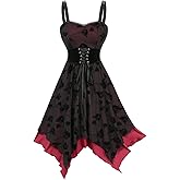 DRESSFO Women's Gothic Rose Flocking Handkerchief Dress – Lace-Up Layered Asymmetric Dress with Belt