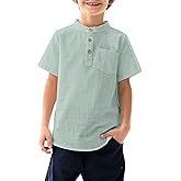 Arshiner Boys Linen Shirt Button Down Henley Short Sleeve Casual Dress Summer Beach T Shirts Top with One Pocket