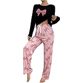 SweatyRocks Women's Pajama Sets Long Pants Bow Graphic Tops 2 Pieces Lounge Sleepwear Set