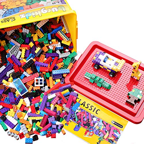Burgkidz Premium Building Blocks Set: Storage Box with Baseplate Lid | 568-pcs set: 500 bricks/blocks, 14 shapes, 10 colors + wheels/doors/windows. Lid flips to baseplate. Compatible
