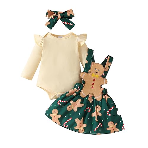 Achlibe Newborn Baby Girl Christmas Outfit Long Sleeve Romper Suspender Skirt Set Overall Dress with Headband (A-Green, 12-18 Months)