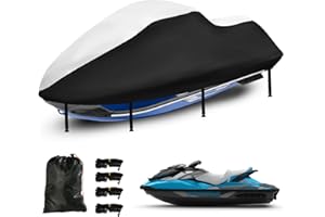 SRIMMIT Jet Ski Waterproof Cover,Upgraded Heavy Duty 420D PWC Cover with 2 Air Vent Marine Grade UV Resistant for Seadoo,Yamaha, Kawasaki,Waverunner Polaris from 121" to 135"(Silver Black)
