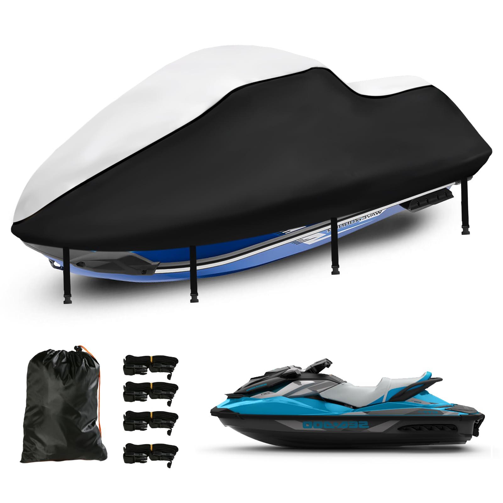 JetSki Waterproof Cover, Upgraded Heavy Duty 420D 3 Seater Jet Ski Cover with 2 Air Vent Marine Grade UV Resistant for Seadoo,Kawasaki,Waverunner Polaris from 136" To 145" (Silver Black)