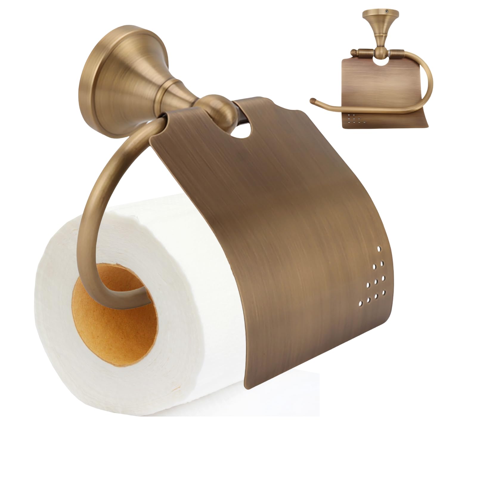 Delaman Toilet Roll Paper Holder Vintage Brass Toilet Paper Holder with Cover Wall Mounted Bathroom Tissue Roll Rail for Home Hotel Washroom