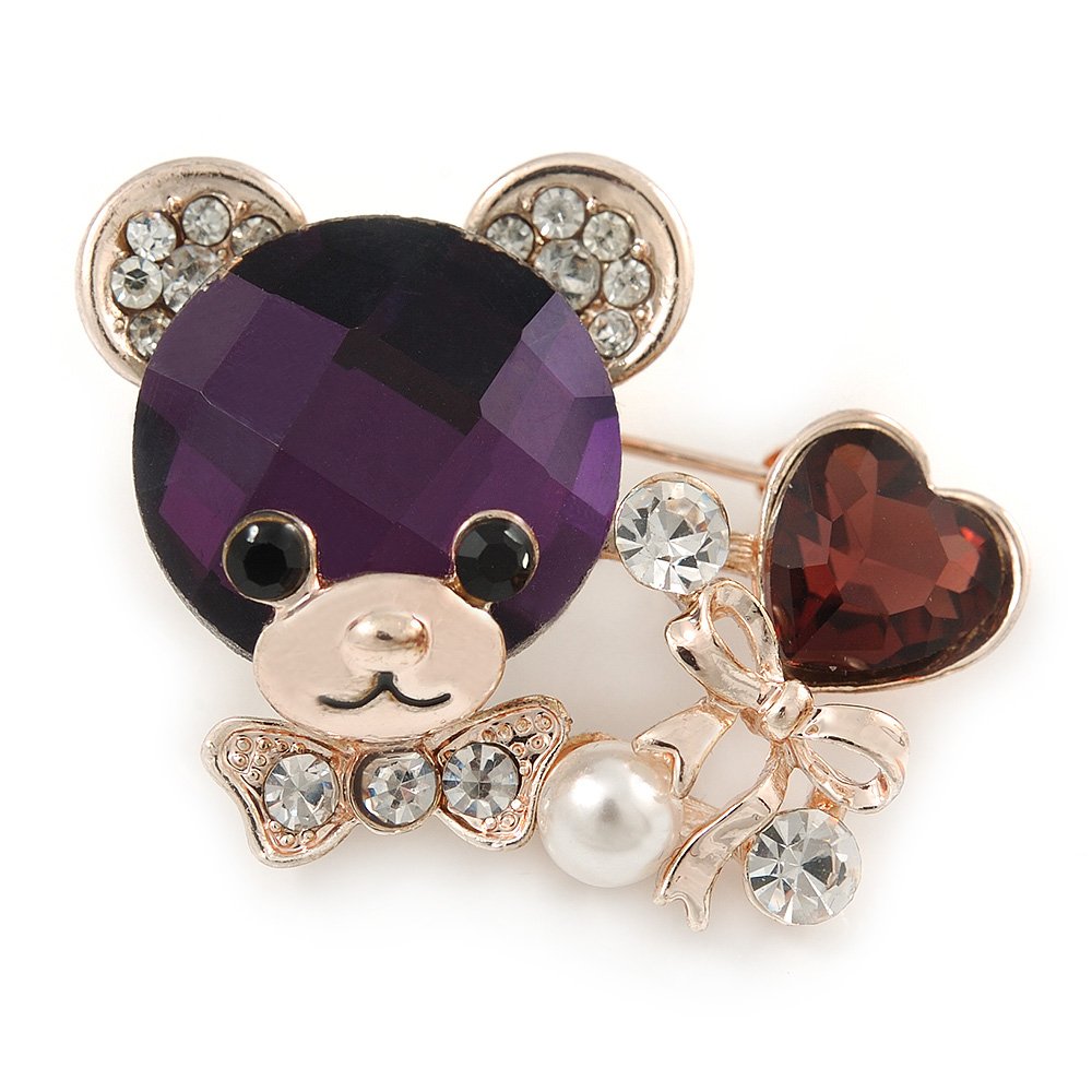 Purple/Clear Crystal Bear with Heart Brooch In Gold Plating - 40mm W