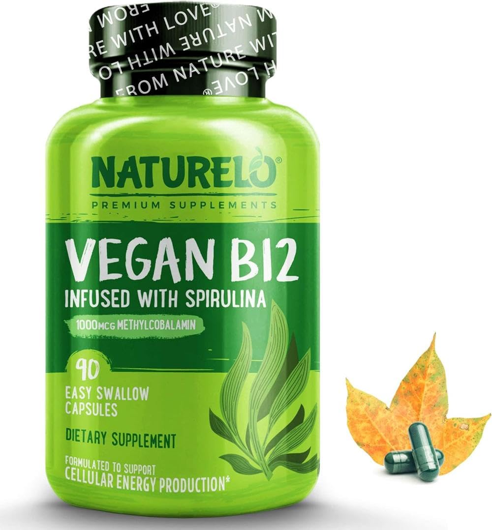 NATURELO Vegan B12 with Spirulina - High Potency 1000mcg Bio-Available Methylcobalamin - Best Support for a Plant-Based Diet or Deficiency - 90 Mini Capsules | 3 Month Supply