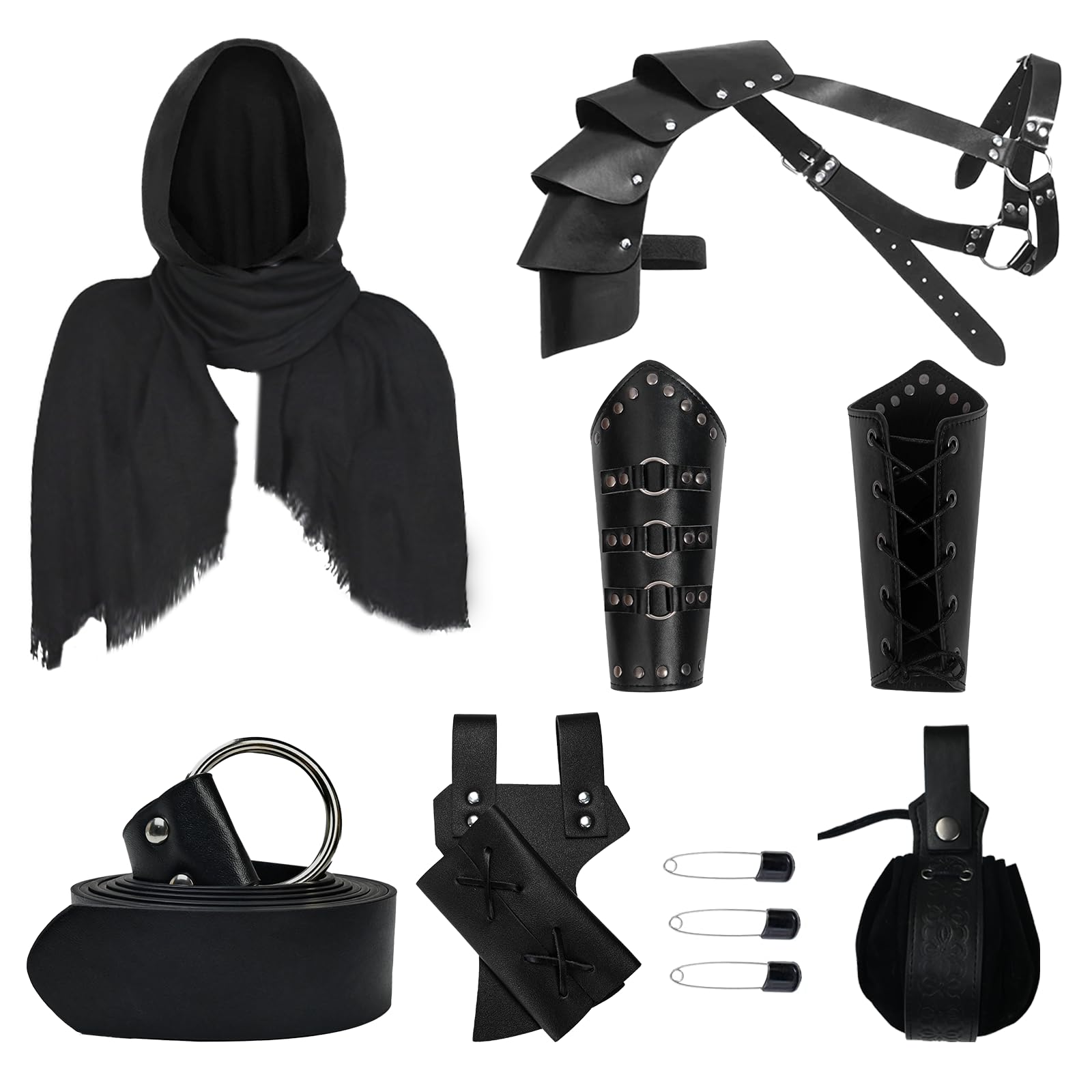 YRTBGD Medieval Knight Costume Accessories Set Includes Medieval Leather Belt Shawl Retro Head Scarf Leather Steampunk Shoulder Armor Arm Guards Belt Pouch Sword Frog for Halloween Cosplay (Black) โ image 1
