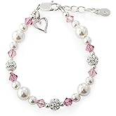 Cherished Moments 925 Sterling Silver Charm Bracelet for Babies, Toddlers, Kids or Little Girls with Simulated Pearls, Pink Crystals and Heart, Gift for Birthday or Granddaughter