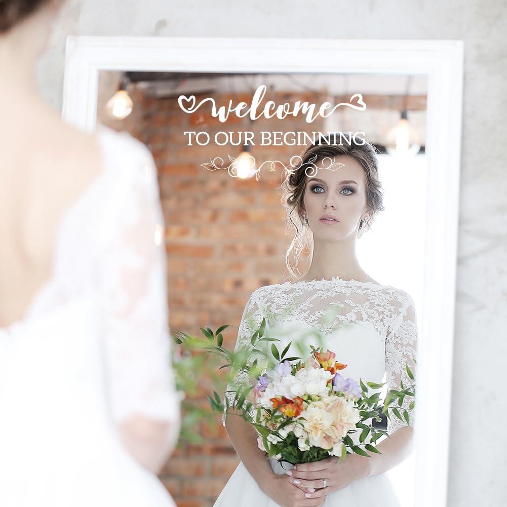 PLIGREAT 2 Sheets Wedding Mirror Decals Welcome to Our Begining Mirror Stickers Vinyl Welcome Sign Decals for Wedding Ceremony Guest Reception Bridal Dressing Room Vanity Mirror Window Glass Decor