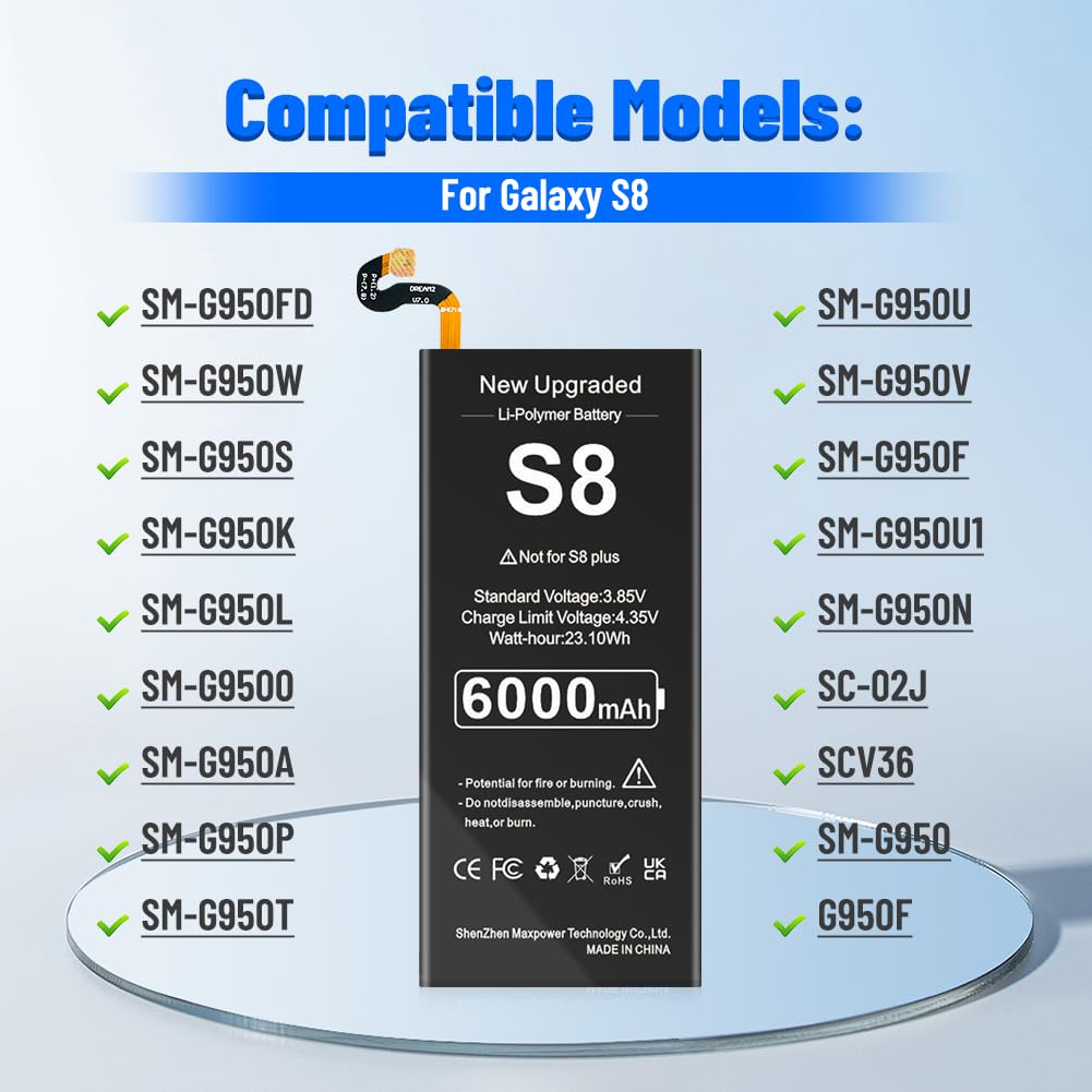 Galaxy S8 Battery, [Upgraded] 6000mAh High Capacity Li-Polymer EB-BG950ABE Replacement Battery for Samsung Galaxy S8 SM-G950 G950V G950A G950T G950P G950R4 with Screwdriver Tool Kit